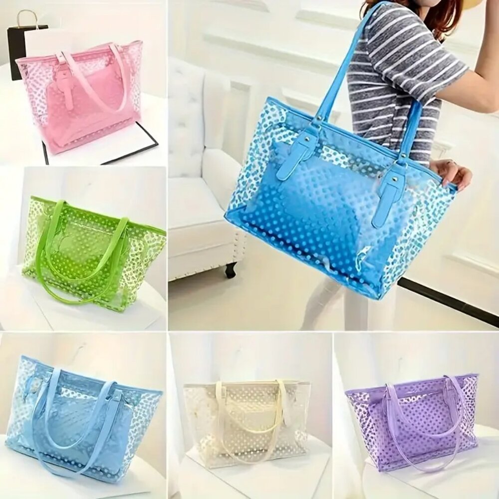 2-Piece Clear Dot Pattern PVC Bag Set – Pink